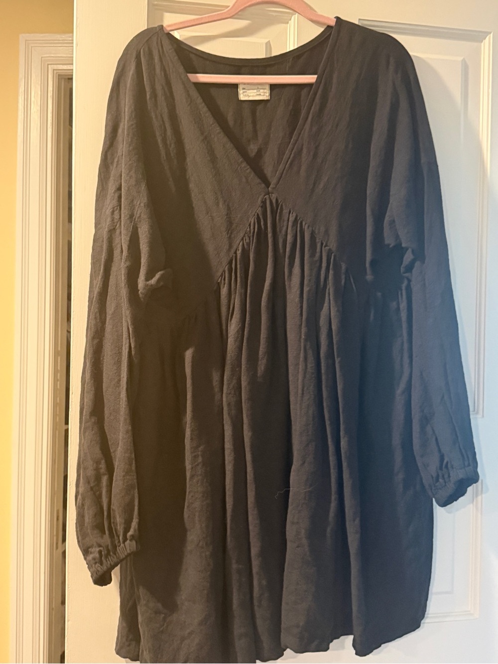 Boheme Goods, Black linen dress,  size 2, V-Neck Long gathered sleeves